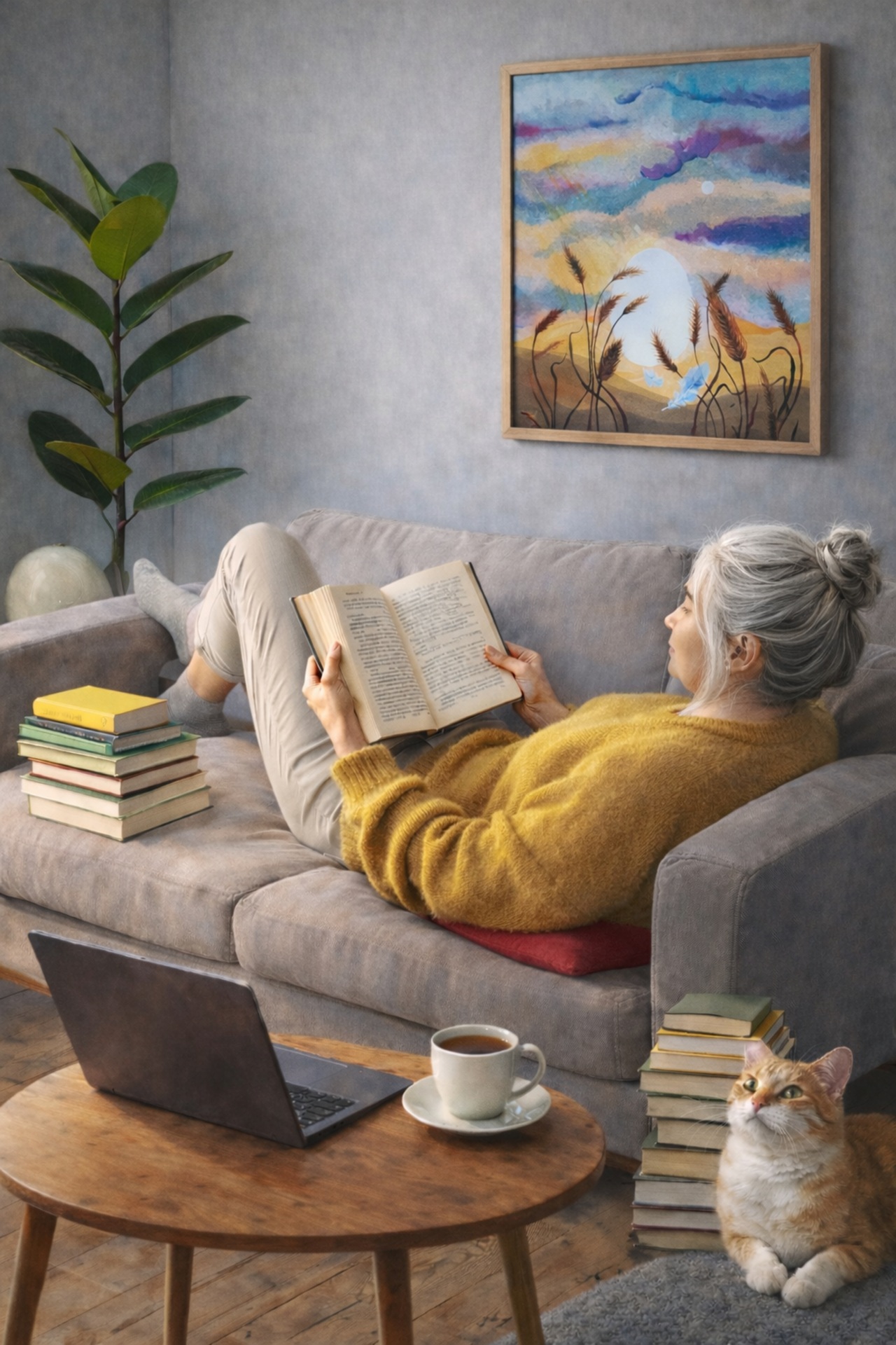 Eine Lektorin auf dem Sofa mit Notebook und vielen Büchern. Die Homeoffice-Katze darf nicht fehlen. KI-generiert.